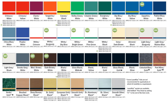 Standard Engraving Color Combinations
