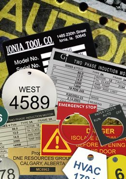 Engraved Industrial Tags, Plastic, Aluminum, Stainless Steel